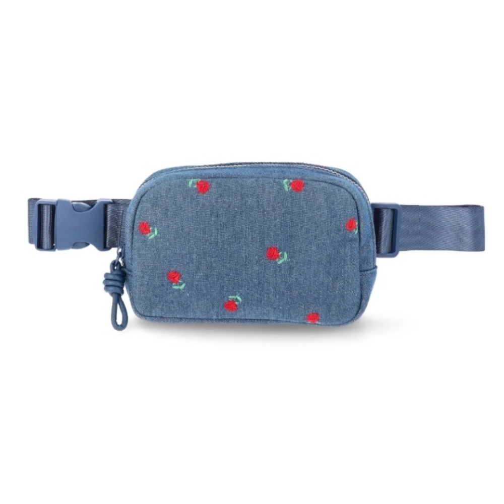 Denim Fanny Pack Mini Bag Blue with Red Floral Embroidery NWT $12